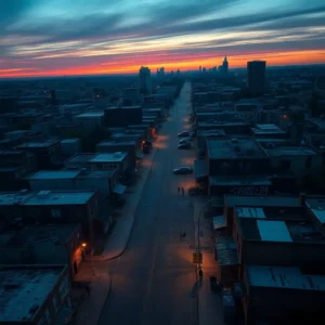 Aerial dusk view of a long city street with low-rise buildings and dim streetlights evoking most dangerous cities michigan