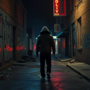 Hooded figure walking alone in a graffiti-lined neon-lit alley suggesting most dangerous cities mississippi.