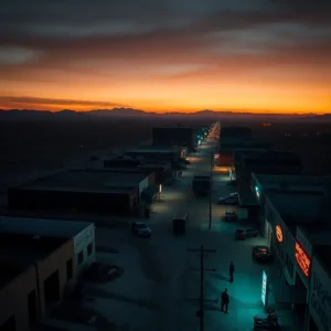 Dusk view of a desert main street with neon-lit storefronts and a few pedestrians, evoking the mood of most dangerous cities new mexico.