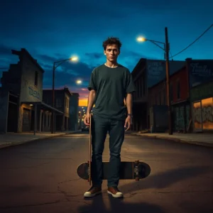 A solitary skateboarder stands on an empty urban street at dusk framed by closed storefronts and streetlights suggesting most dangerous neighborhoods albuquerque.