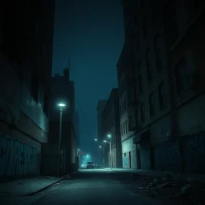 Dimly lit deserted alley at night with graffiti and debris evoking most dangerous neighborhoods chicago