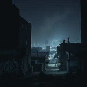 A dimly lit urban alley at night with graffiti and a lone figure walking toward a glowing downtown skyline, evoking most dangerous neighborhoods indianapolis