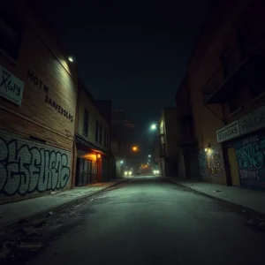 Dimly lit, graffiti-covered urban street at night illustrating the mood of the most dangerous neighborhoods memphis.