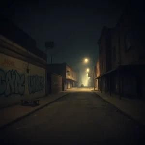 A dark, deserted urban street at night suggesting the atmosphere of the most dangerous neighborhoods san bernardino.