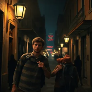 Two backpacked travelers walking a dim, lantern-lit alley at night, evoking new orleans dangerous tourists.