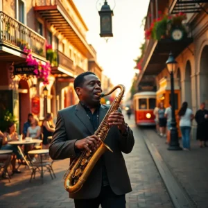 Street saxophonist playing near outdoor café and vintage trolley, evoking new orleans living