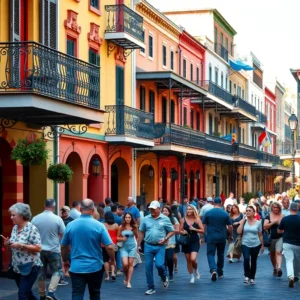 Crowded historic street with colorful buildings, wrought-iron balconies and tourists for a new orleans safe visit