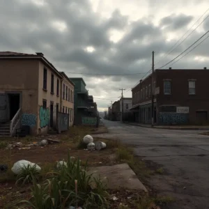 Deserted street of boarded buildings, graffiti, cracked pavement and overgrown lots suggesting new orleans worst places live.