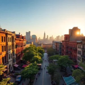 Tree-lined avenue with brownstone buildings and distant skyline at sunrise highlighting new york city best areas live.