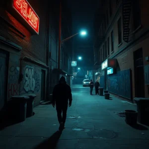 Shadowy urban alley at night with a lone hooded figure and neon signs suggesting new york city places avoid