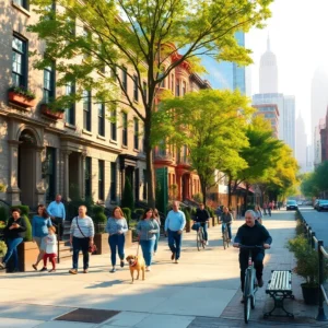Residents and cyclists enjoy a sunny, tree-lined street in new york city safe neighborhoods.
