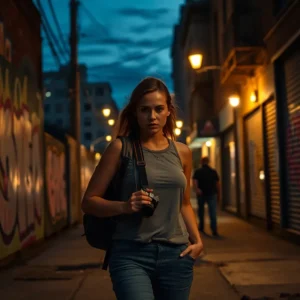 Young woman photographer walking alone in a dimly lit urban alley, oakland dangerous tourists