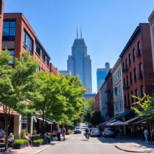 Tree-lined street with outdoor cafés, cyclists and a skyline tower, philadelphia best areas live