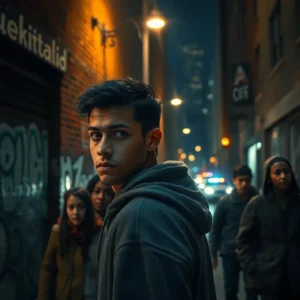 Young man in a hoodie looking back in a dim graffiti-lined alley with police lights and a group behind him, philadelphia dangerous street moment