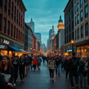 A crowded dusk street scene filled with pedestrians and visitors suggesting philadelphia dangerous tourists.