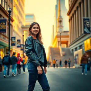 A smiling woman in a leather jacket stands on a busy city street at golden hour, conveying philadelphia living urban energy.