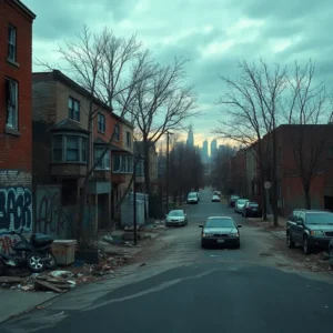 Dilapidated rowhouses, graffiti, littered sidewalks and parked cars under an overcast sky, philadelphia worst places live