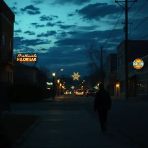 Silhouette of a lone pedestrian taking a safe walk albuquerque night along a dimly lit main street with hanging star decorations and street lamps.