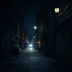 A lone pedestrian walks down a dim, lamplit city street at night, safe walk baltimore night.