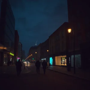 Three silhouetted pedestrians on a quiet lamplit avenue during a safe walk birmingham night.