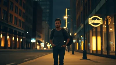 Person walking on a well-lit downtown sidewalk at night during a safe walk cleveland night.