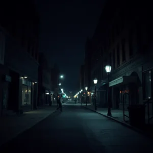 A quiet, well-lit urban street at night with lampposts and a lone pedestrian, evoking safe walk detroit night.