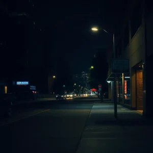 Empty city sidewalk lit by streetlights suggesting a safe walk houston night