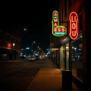 Neon-lit downtown sidewalk and empty street under warm lamps suggesting a safe walk memphis night.