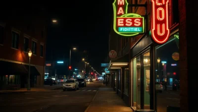 Neon-lit downtown sidewalk and empty street under warm lamps suggesting a safe walk memphis night.