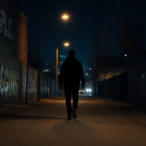Silhouette of a lone pedestrian walking along a graffiti-lined sidewalk under streetlights at night, safe walk oakland night.