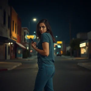 Young woman holding a phone on a quiet urban street during a safe walk san bernardino night.