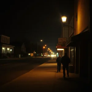 A quiet, dimly lit downtown sidewalk at safe walk stockton night with two pedestrians passing under warm streetlights.