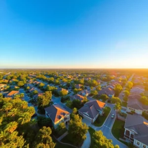 Aerial view of a peaceful, tree-lined suburban neighborhood at sunset ideal for safest cities florida topics