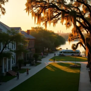 Riverside historic street at sunset with oak trees, Spanish moss, bicyclists and calm river views in safest cities louisiana