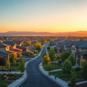 Sunset over a quiet, tree-lined suburban street illustrating characteristics of the safest cities nevada with sidewalks, homes, and families outdoors.