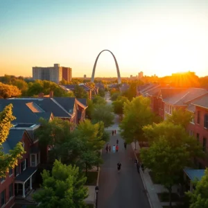 Tree-lined residential street at sunset with brick homes and the Gateway Arch, illustrating st louis best areas live.