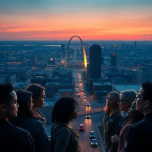Diverse group overlooking the St. Louis skyline and Gateway Arch at sunset, reflecting on st louis crime rate expats.