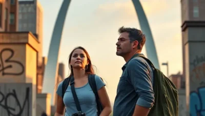 Couple with backpacks and camera near the Gateway Arch, suitable for st louis dangerous tourists themes