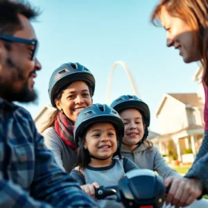 A smiling family wearing helmets on a neighborhood bike ride promoting st louis family safety.