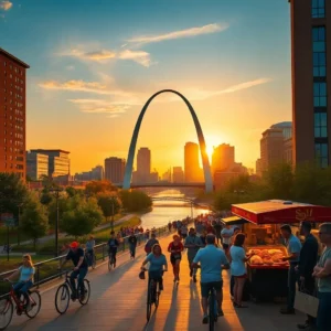 Crowds of cyclists and pedestrians along the riverfront promenade with the Gateway Arch at sunset illustrating st louis living