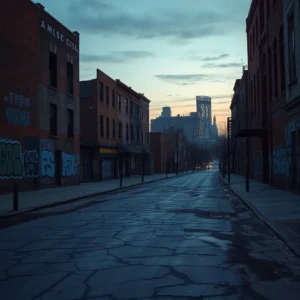 Empty cracked urban street at dusk with graffiti-covered brick buildings, evoking st louis places avoid.