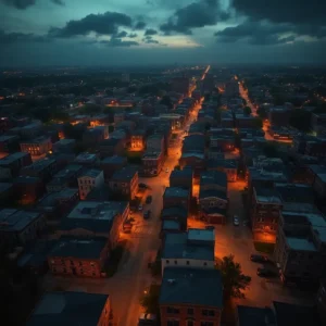 Aerial nighttime view of a dense city grid with glowing streetlights and shadowed buildings, highlighting topics like top violent cities alabama.