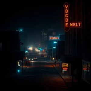 Moody neon-lit urban street at night with traffic and signage, an atmospheric image for top violent cities arkansas.