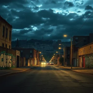 Empty graffiti-lined city street at night under stormy clouds evoking top violent cities georgia