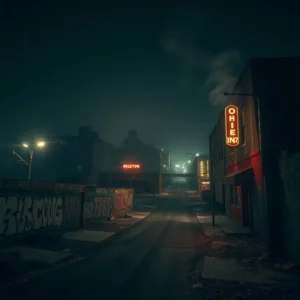 Empty neon-lit alleyway with graffiti and dim lamps evoking top violent cities ohio.