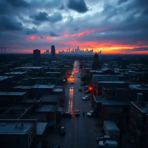 Moody city street at dusk with wet reflective pavement and a distant skyline, top violent cities oklahoma