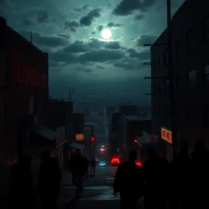 Top violent cities tennessee moonlit street scene with silhouetted pedestrians, distant city lights and flashing emergency vehicle lights